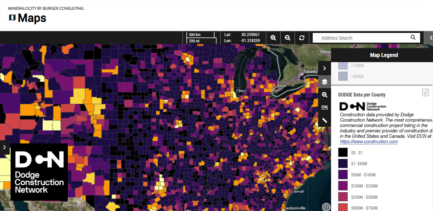 Screenshot of Mineralocity Aggregates data including Dodge Construction Network dataset for construction spending by county in the United States.