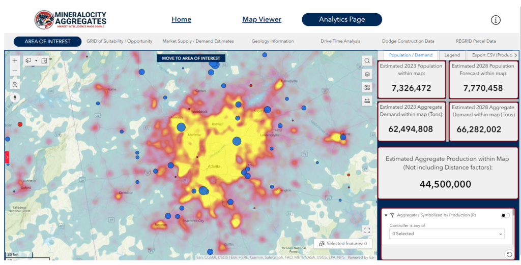 A screenshot of the mineralocity for aggregates platform showing the population density and producers in the metropolitan atlanta area.