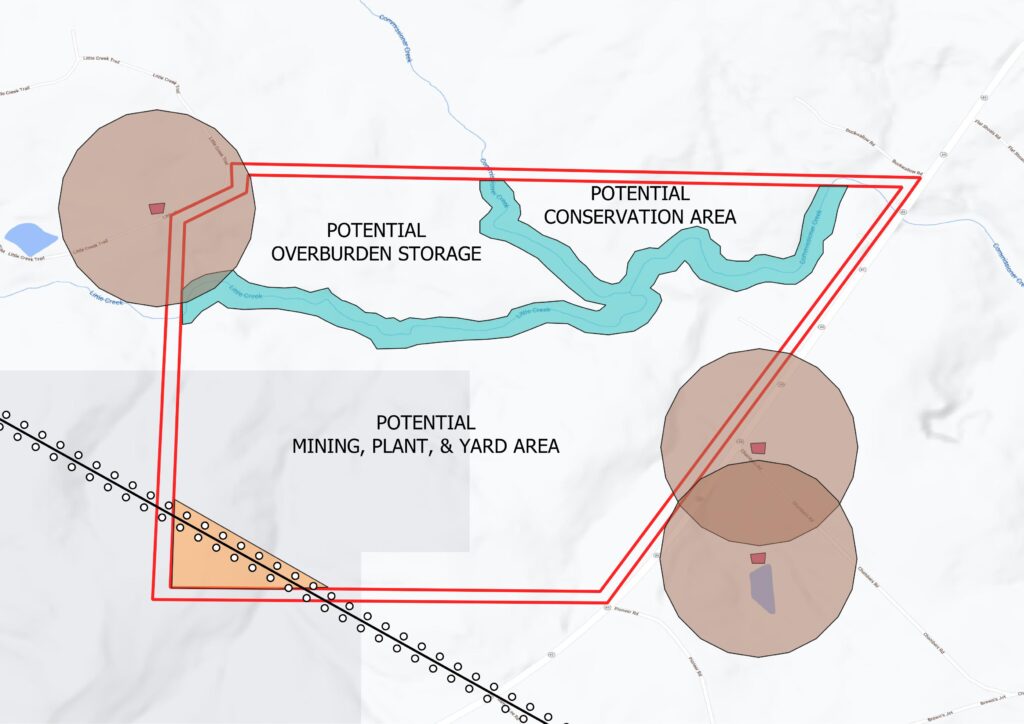 A diagram of a potential aggregate quarrying that is divided into sections of usable acreage.