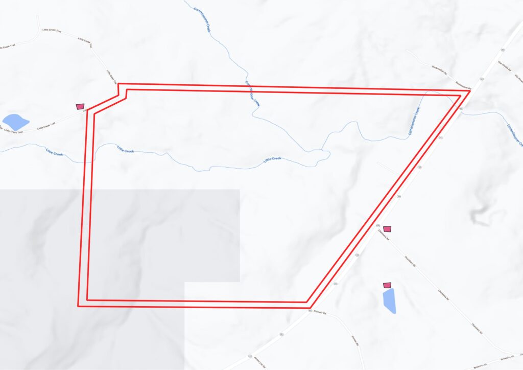 A potential aggregate quarrying property with buffer around property line.