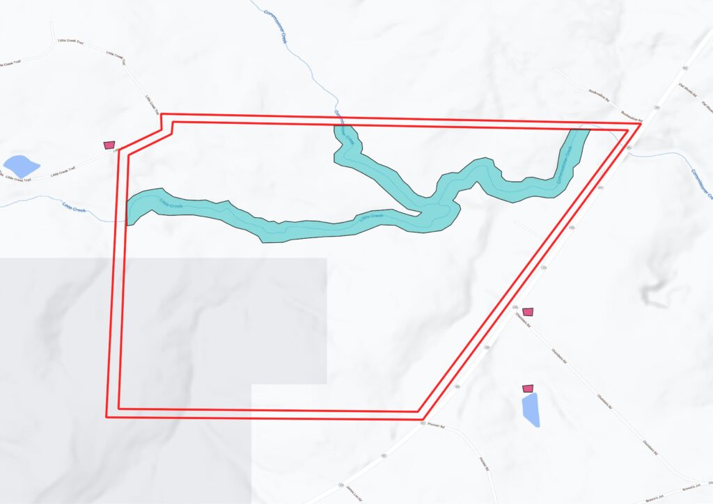 Example aggregate quarry property with 125’ buffer around registered wetlands. This wetland area contains approximately 43 acres, leaving approximately 337 usable acres split into three different sections.