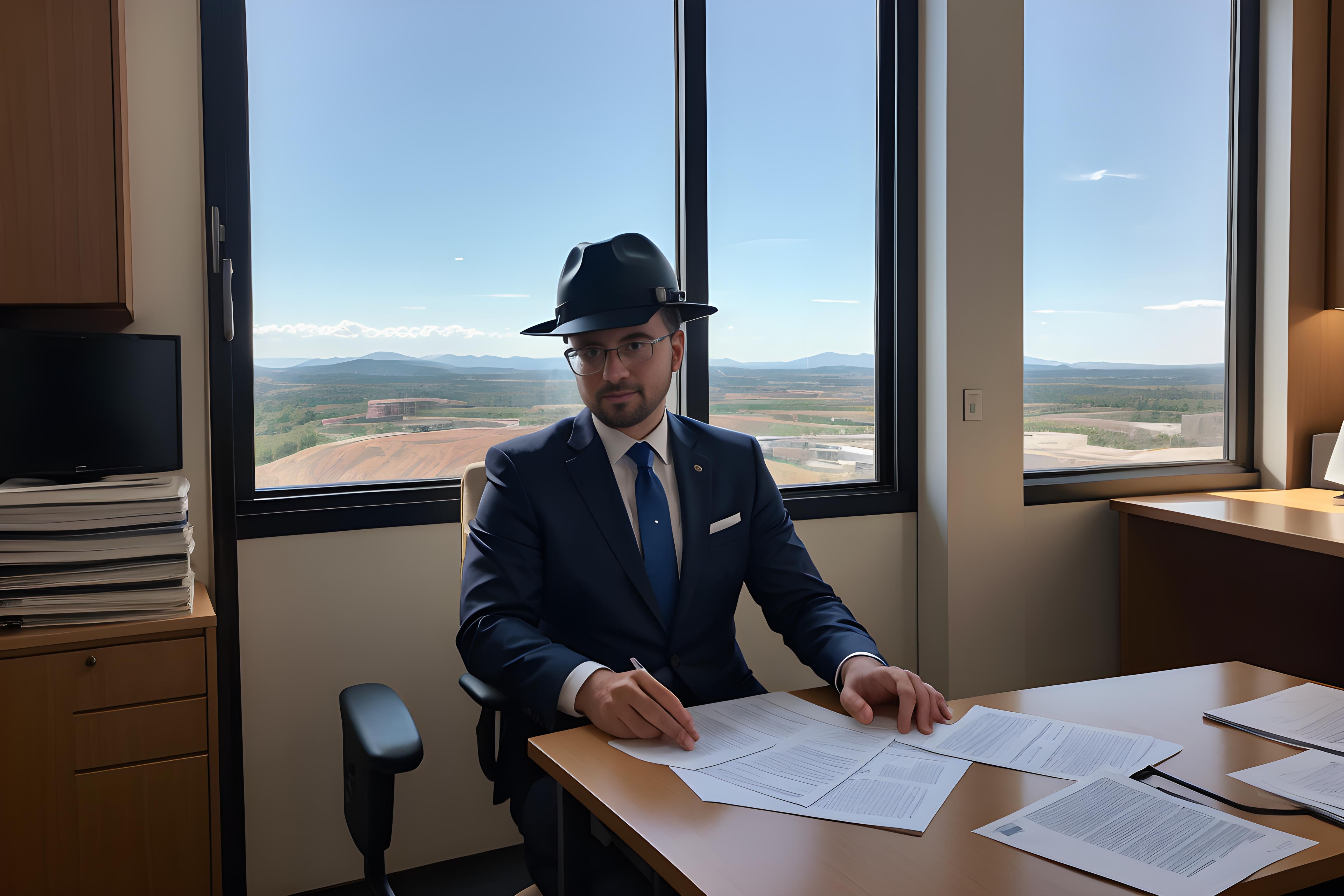 A man in a cool hat sits at a desk in a mine office overlooking a stack of paperwork.