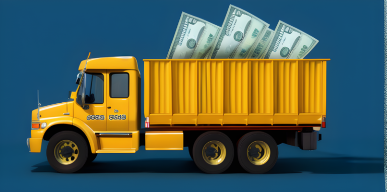 An image of a yellow dump truck with dollar bills in the back, illustrating construction aggregate pricing strategies.
