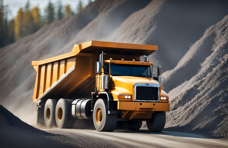 A shiny yellow dump truck full of gravel at a construction aggregate producing site