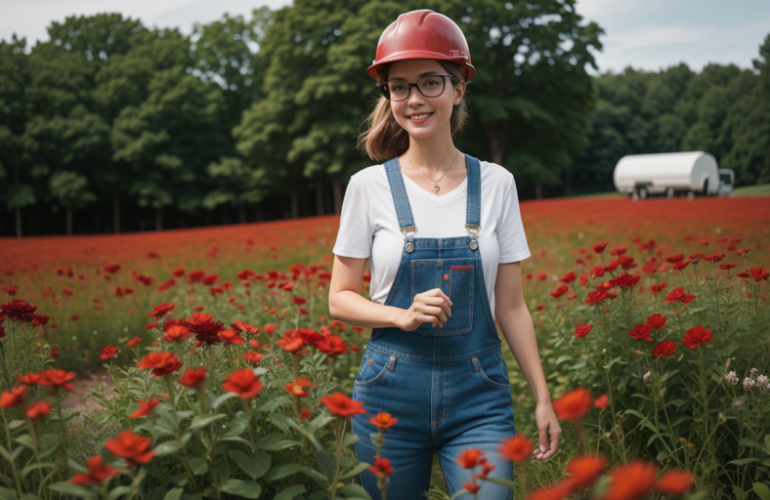 A female miner walks through a field of flowers, representing eco-friendly construction aggregate strategies.