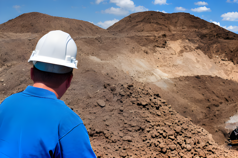 A man staring at a giant pile of dirt overburden from a construction aggregate site.