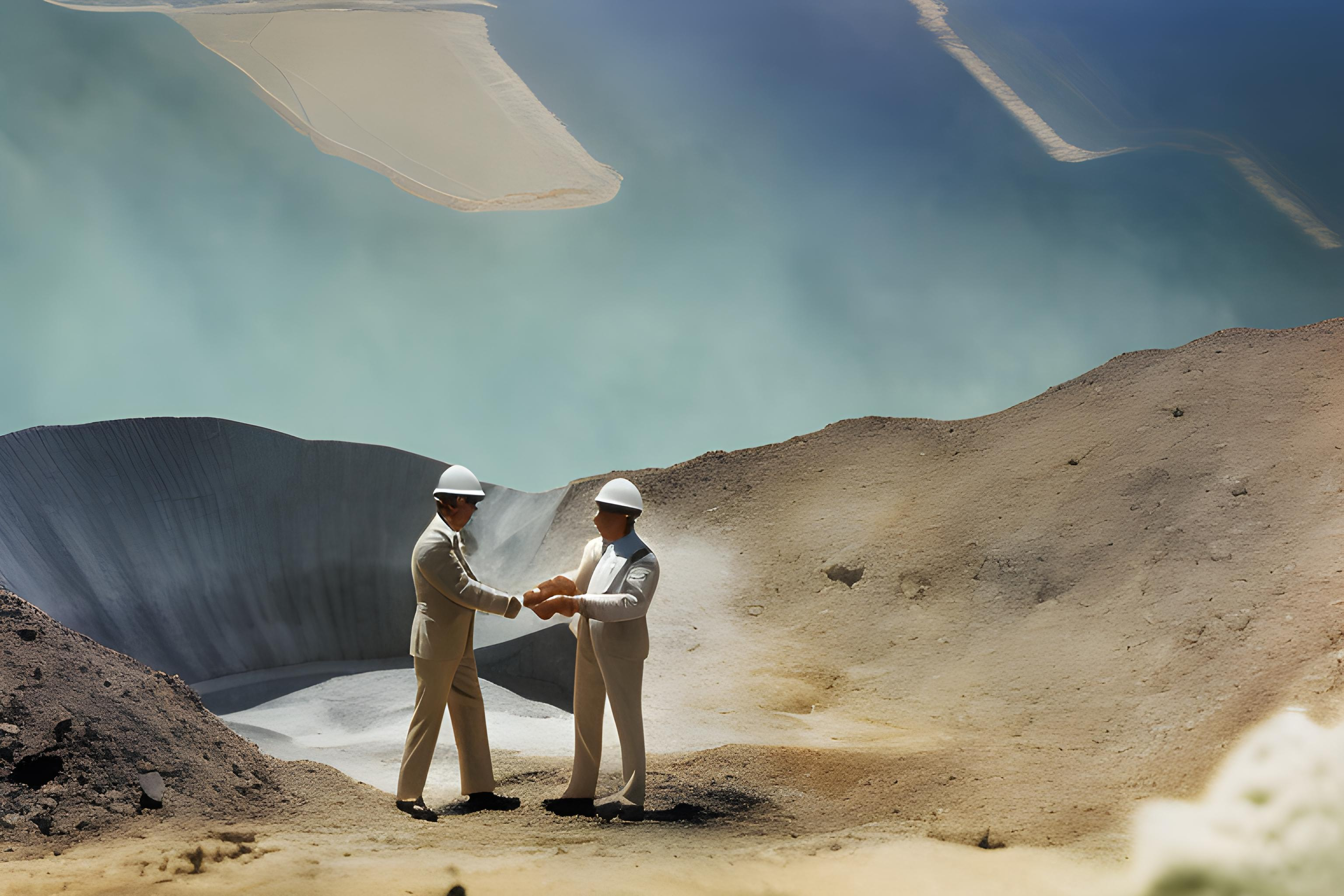 Two men stand in a construction aggregate quarry shaking hands.