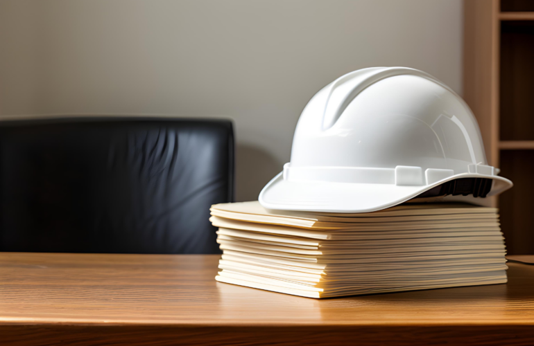 A white hardhat sits on a stack of papers on a mine office desk
