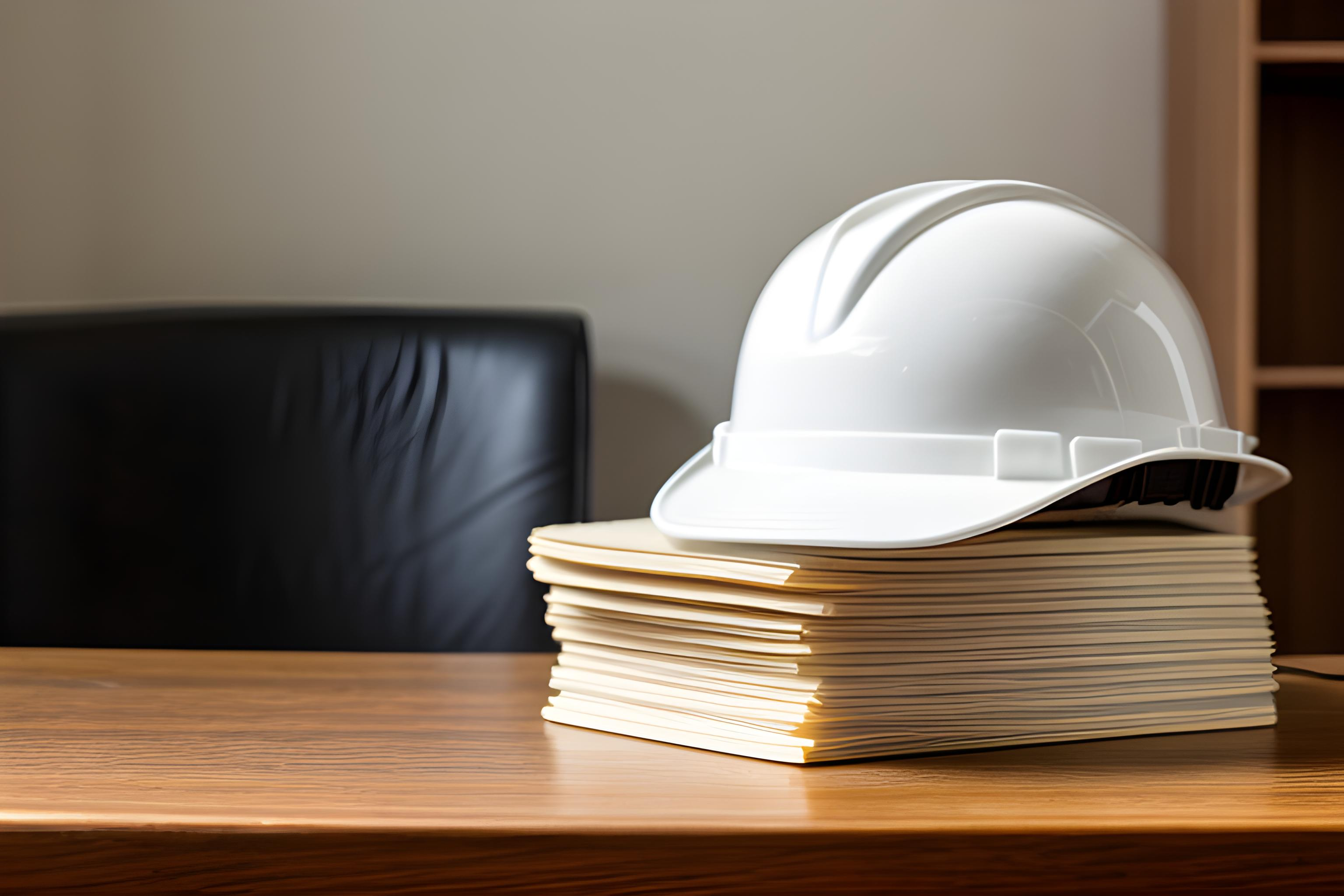 A white hardhat sits on a stack of papers on a mine office desk
