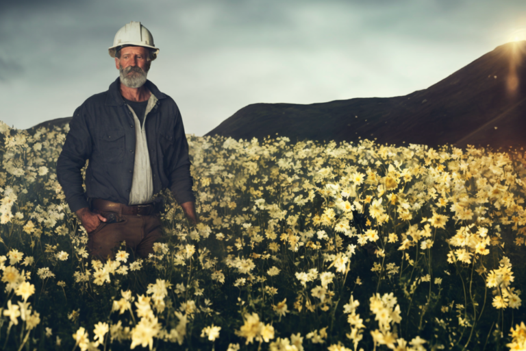 sustainable practices in M&As illustrated by a construction aggregate miner standing in a field of flowers
