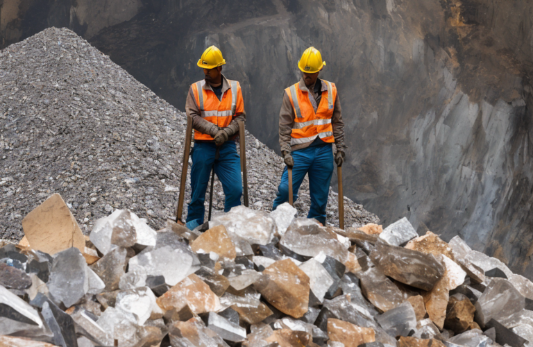 Two miners standing on a pile of rocks representing M&A strategies in the aggregates industry