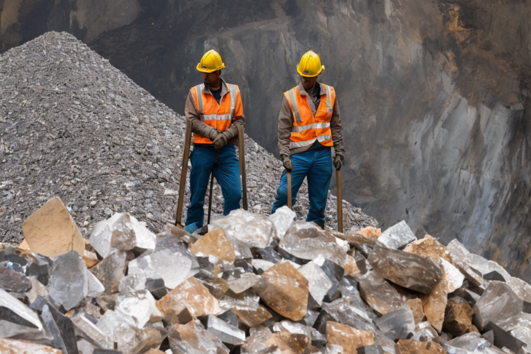Two miners standing on a pile of rocks representing M&A strategies in the aggregates industry