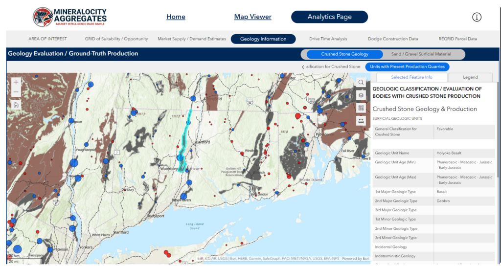 Connecticut has both sand and gravel pits and production of crushed stone from narrow geologic units that produce quality aggregates. Screenshot from the Mineralocity Aggregates platform.