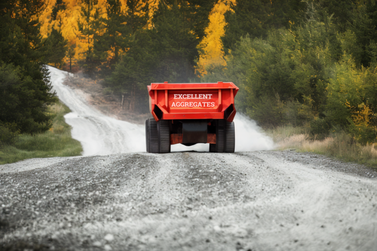 A construction aggregate brand truck drives down a gravel road