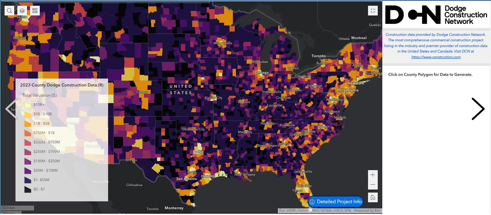 A map showing planned construction aggregate intensive projects within the United States by county.