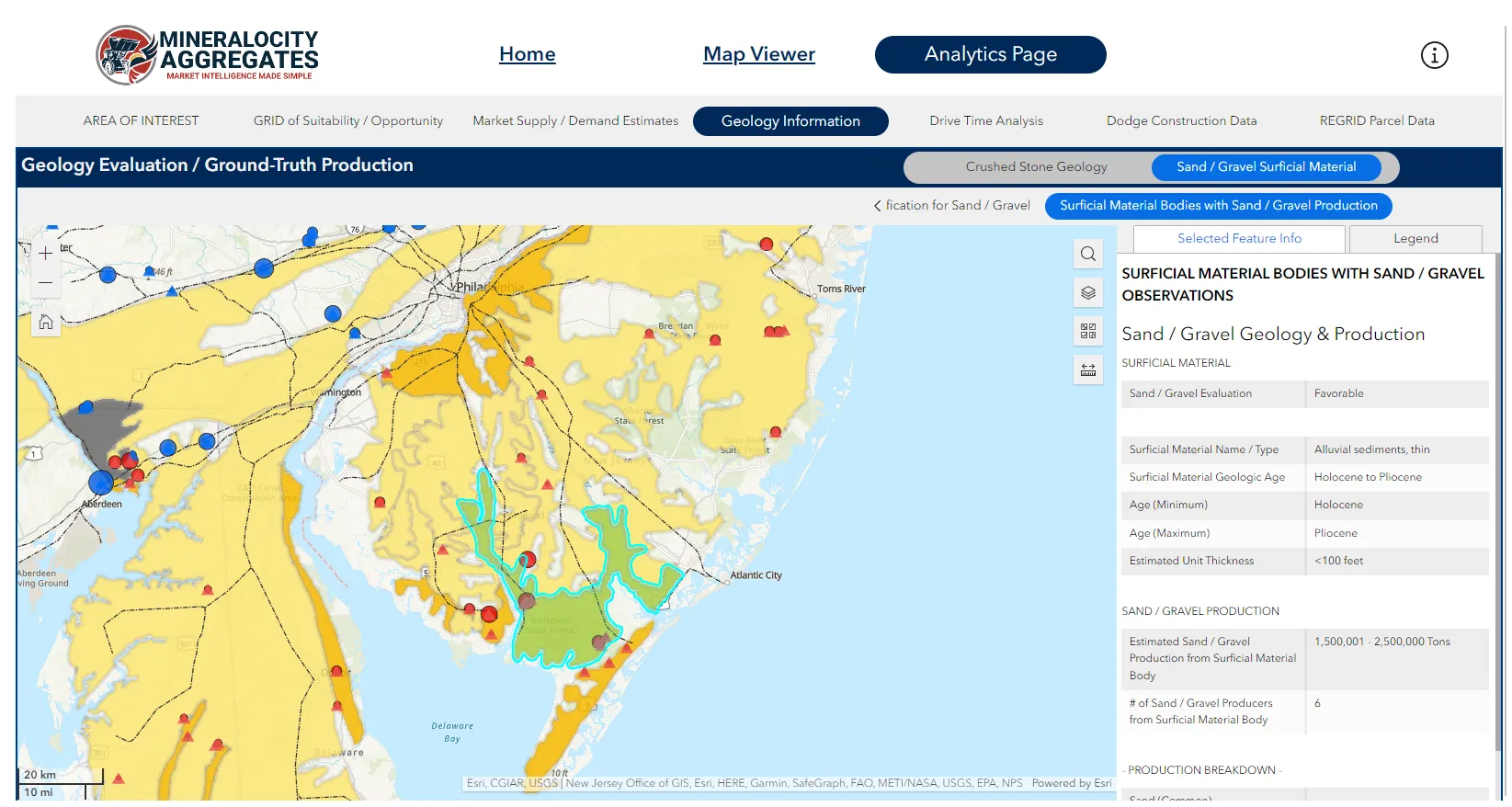 New Jersey has an abundance of quality construction aggregate production from sand and gravel pits. Screen shot from theMineralocity Aggregates platform.