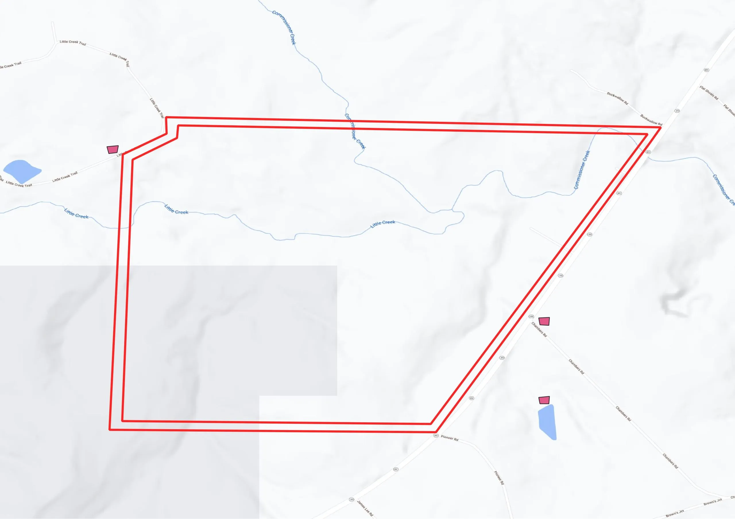 A potential aggregate quarrying property with buffer around property line.